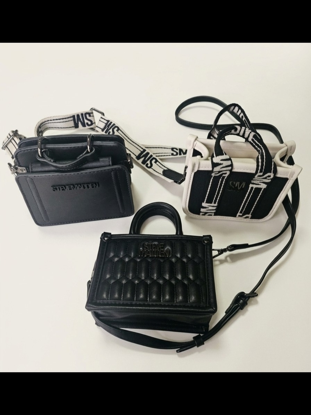 Steve Madden Black & White Mini Quilted and Logo Satchel Set